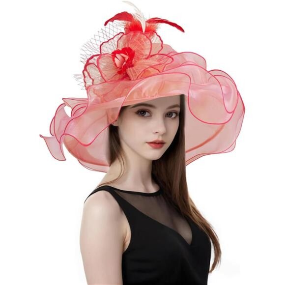 Women Organza Church Tea Party Hats Floral Peach main image 7